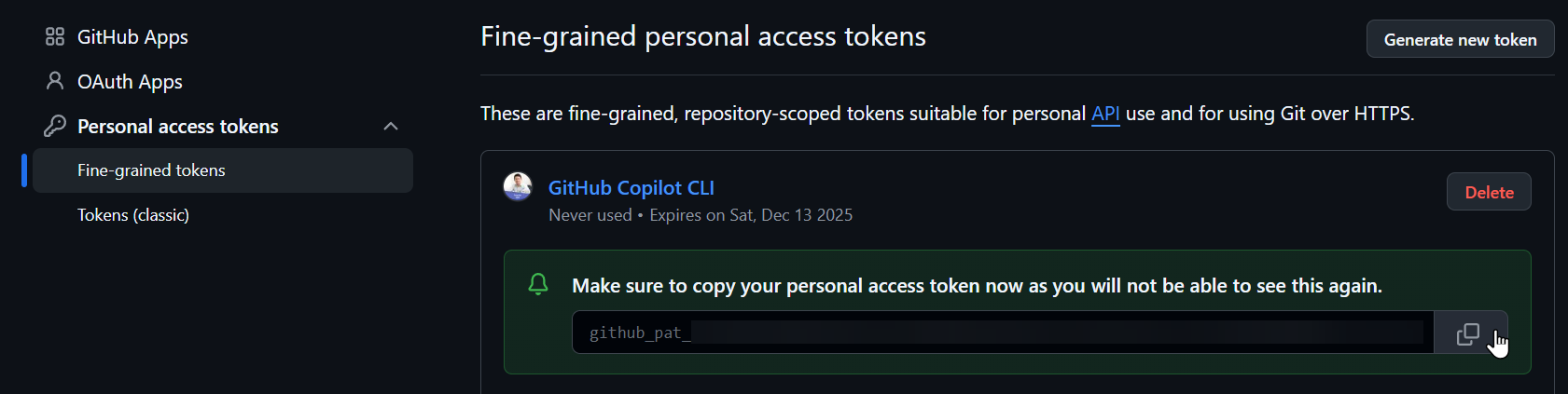 Make sure to copy your personal access token now as you will not be able to see this again.