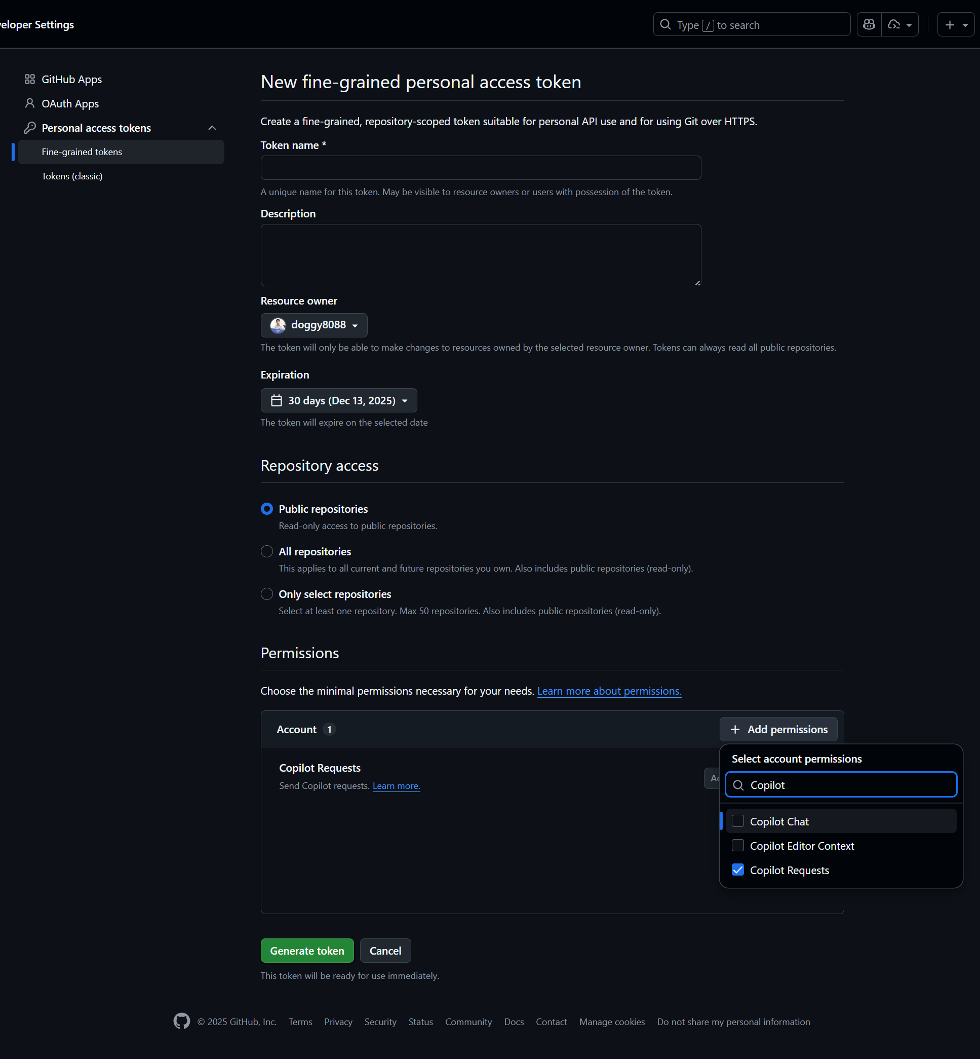 New fine-grained personal access token